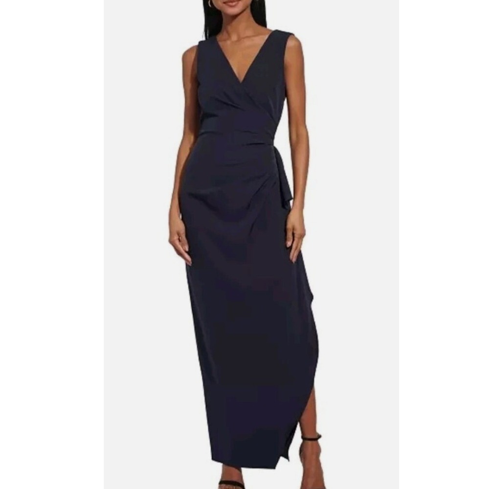Vince Camuto Navy Blue Sleeveless V-Neck Ruffle Faux Wrap Maxi Gown Dress 4